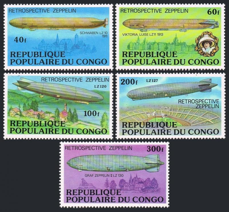 Congo PR 408-412,C236,MNH.Michel 577-581,Bl.11. History of Zeppelin,1977.