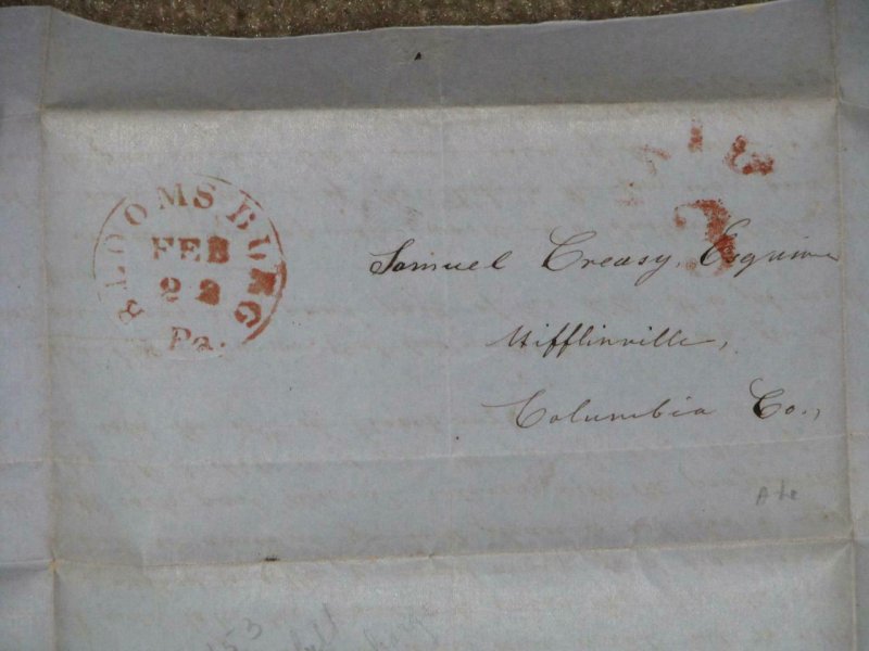 STAMPLESS- BLOOMSBURG, PA TO MIFFINSVILLE COLUMBIA, CO., RED PAID 3, 1853