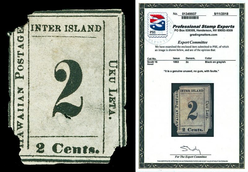 Hawaii Scott 16 1863 2c Numeral Issue Unused NG Cat $1,000 with PSE CERTIFICATE!