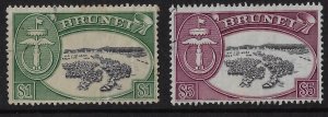 Brunei 1952 MSCA $1 + $5 used SG 111, 113/ Sc 94, 96.  F-VF,  CV£15.      (a2278