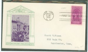 US 854 1939 3c Washington's Ignauguration anniv on an addressed (typed) FDC with an unknown cachet