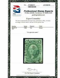 Scott #15 VF-used. With 2019 PSE certificate. SCV - $140.00