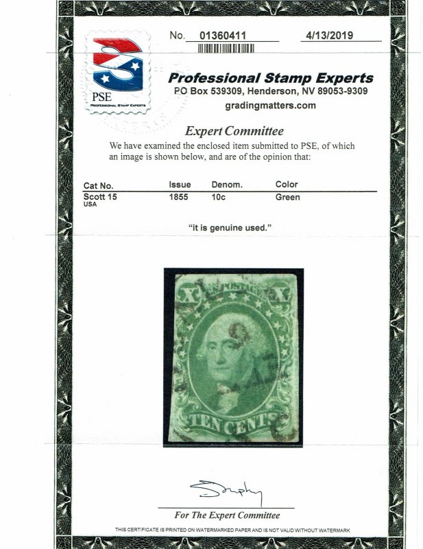 Scott #15 VF-used. With 2019 PSE certificate. SCV - $140.00