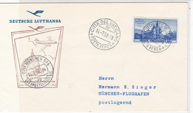 Vatican 1958 Plane over Town Lufthansa Slogan Pic Flight Stamps Cover Ref 27214