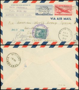 1946 BATON ROUGE LA, PAN AM 10¢ RATE TEST to VENEZUELA, PANAGRA, Mixed Franking!