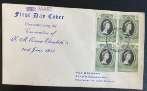 1953 Kingston Jamaica First Day Cover Queen Elizabeth 2 coronation Stamp Block