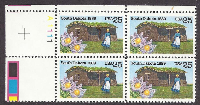 2416 Plate block 25cent South Dakota SD Statehood Sod House Black Hills Badlands