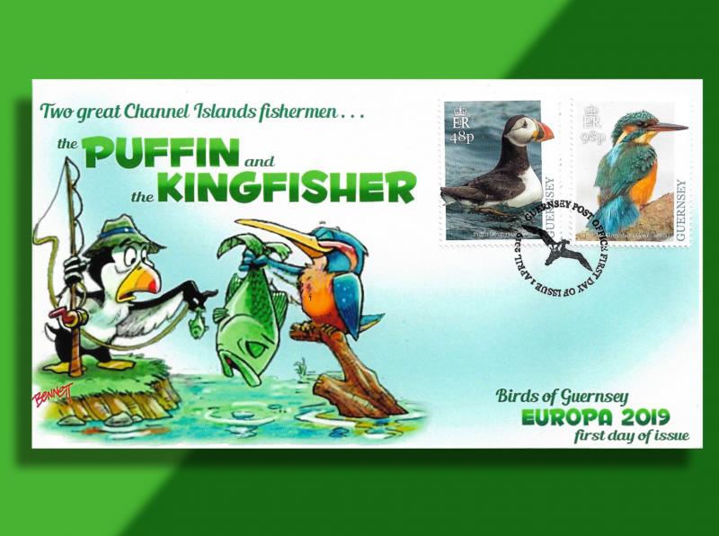 Guernsey 2019 Europa FDC -- Fishing Competition Between a Puffin & a Kingfisher!