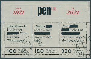 Liechtenstein 2021 CTO Writers Stamps PEN International 100 Yr Literature 3v M/S