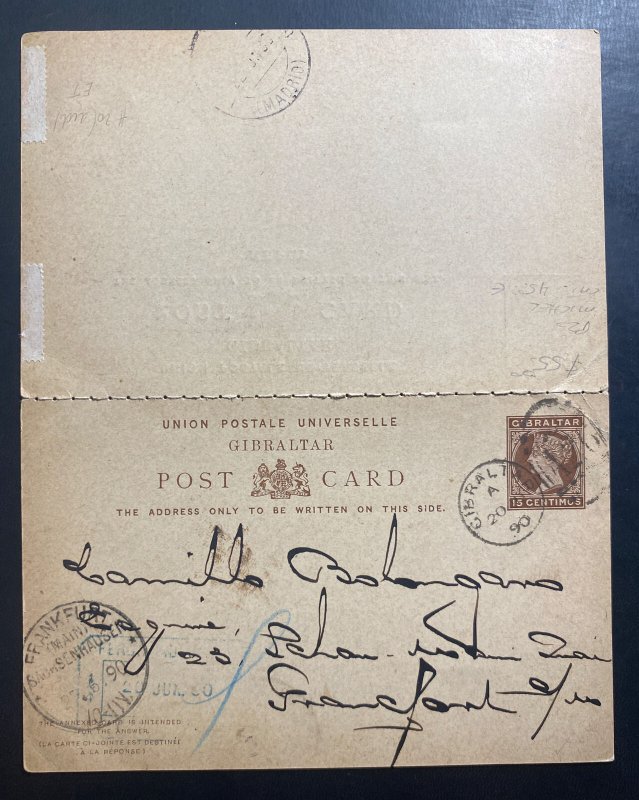 1890 Gibraltar Postal Stationery Reply Postcard  Cover To Frankfurt Germany 