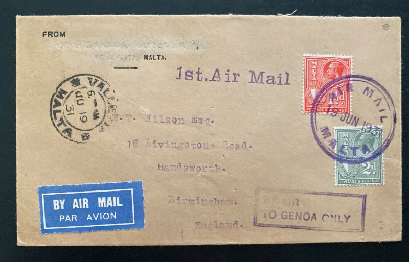 1931 Valletta Malta First flight Airmail cover FFC To Birmingham England