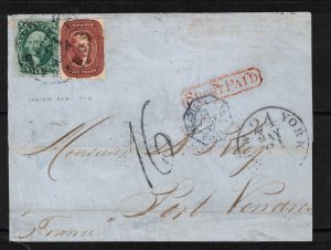 USA #28a & #33 Used On Rare Cover To France Indian Red Type I & Green Type III