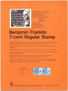 USPS SOUVENIR PAGE BENJAMIN FRANKLIN 7-CENT REGULAR STAMP 1972