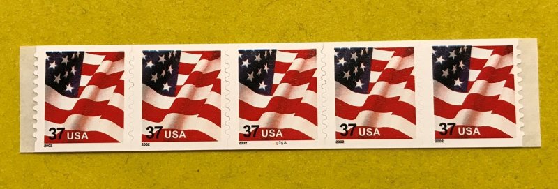 US SCOTT 3632A Coil - Waving Flag Strip of 5 Plate # 51111 - XF, Mint NH