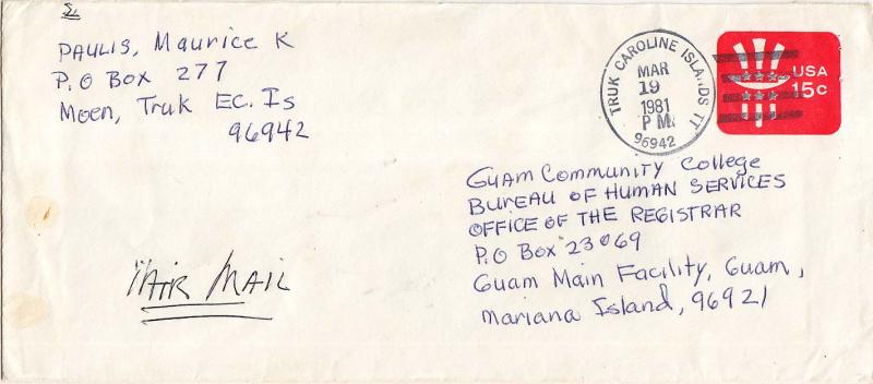 Caroline Islands 15c Uncle Sam Envelope 1981 Truk Caroline Islands 96942 to G...