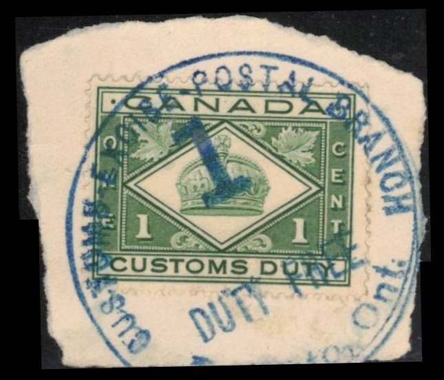 CANADA REVENUE 1912 1c # FCD1 CUSTOM DUTY VF USED STAMP ON PIECE ...