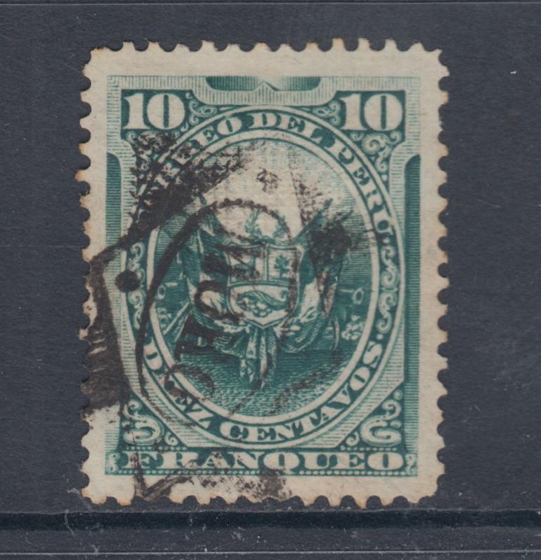 Peru Sc 25, Mi 22 used 10c green w/ rare MORO fancy cancel, XF