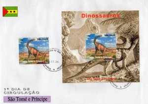 Sao Tome and Principe 2004  DINOSAURS Set (1) + 1 S/S Perforated F.D.C.