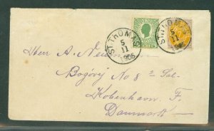 DWI 1905, 7¢ bicolor + 5Bit tied St. Thomas on mixed issue cover to Denmark