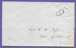 MATHIAS, ME., 1846 STAMPLESS FOLDED LETTER, U.S. POSTAL HISTORY COVER.