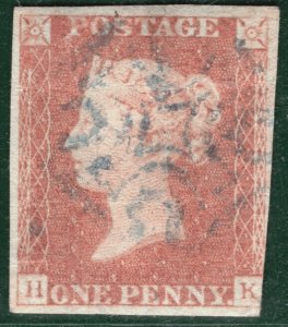 GB QV PENNY RED SG.8 1d Plate 25 (HK) Used *BLUE MX* Maltese Cross c£650- YOR125