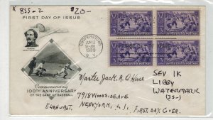 1939 BASEBALL CENTENNIAL 855-2 BLOCK OF 4 ARTCRAFT LIBBY WATERMARK VARIETY