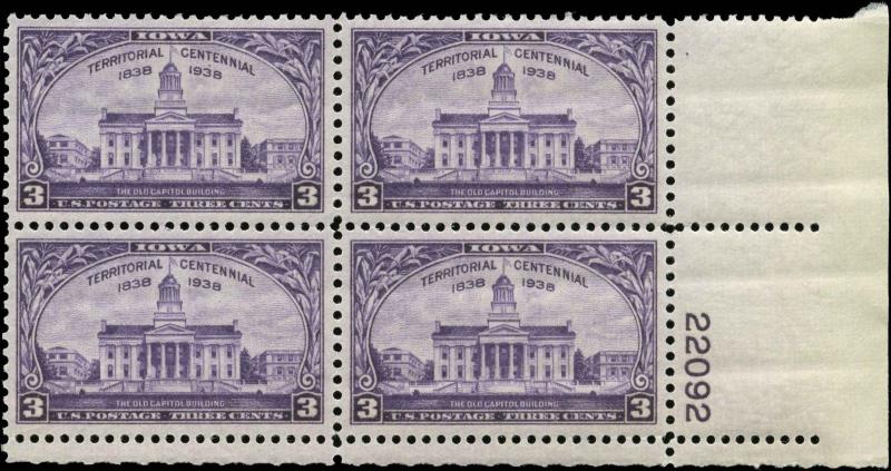 U.S. #838 Plate Block of 4  Mint Never Hinged MNH Iowa Territory