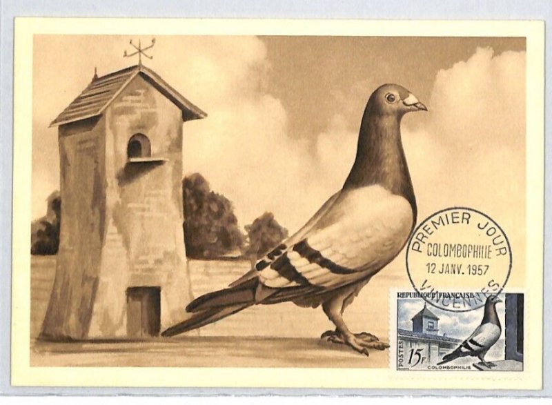 FRANCE 1957 FDC Le Gentil *PIGEON* Maxi-Card Colombophilie BIRDS First Day RF29