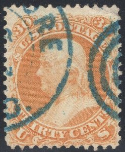 #71 VF USED 30¢ Benjamin Franklin with Neat Blue Cancel 1863 FRESH! (REM #71-81)