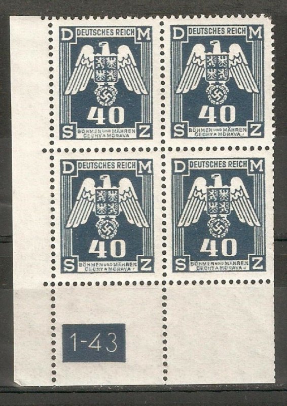 Bohemia & Moravia 1943 German Occupation, 40h Sc # O14 Plate Block VF MNH**