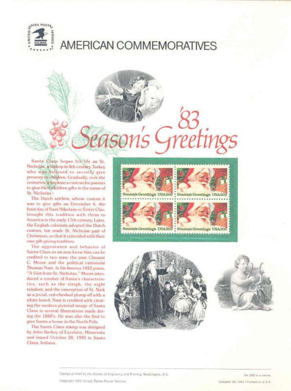 UNITED STATES COMMEMORATIVE PANEL 1983 20c  SEASON'S GREETINGS SANTA CLAUS 