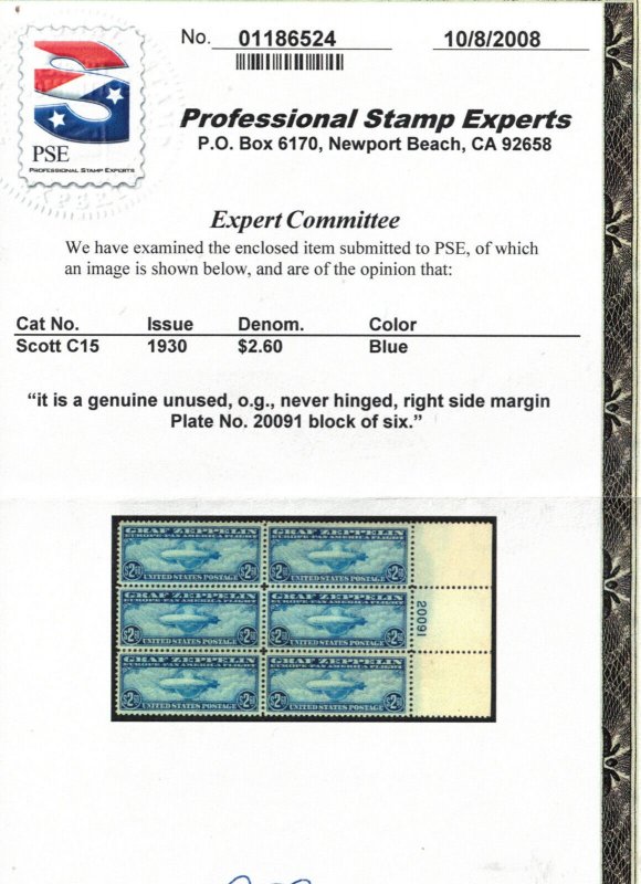 USA #C15 Extra Fine Mint Plate #20091 Never Hinged Right Margin Block Of Six