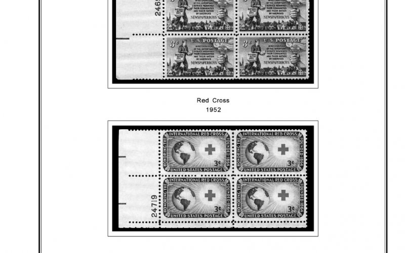 US 1950-1959 PLATE BLOCKS STAMP ALBUM PAGES (50 PDF b&w illustrated pages)