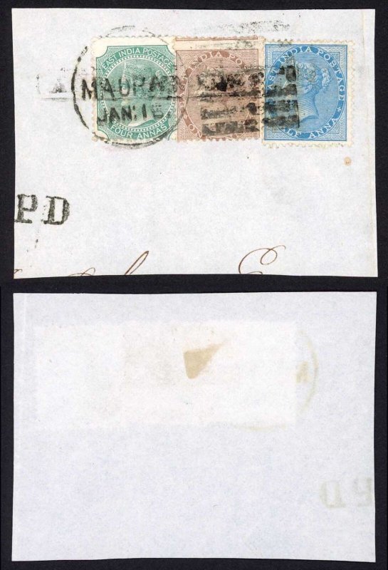 India SG71 4a Blue-green Die 2 and SG59 1a brown and 1/2a blue on piece