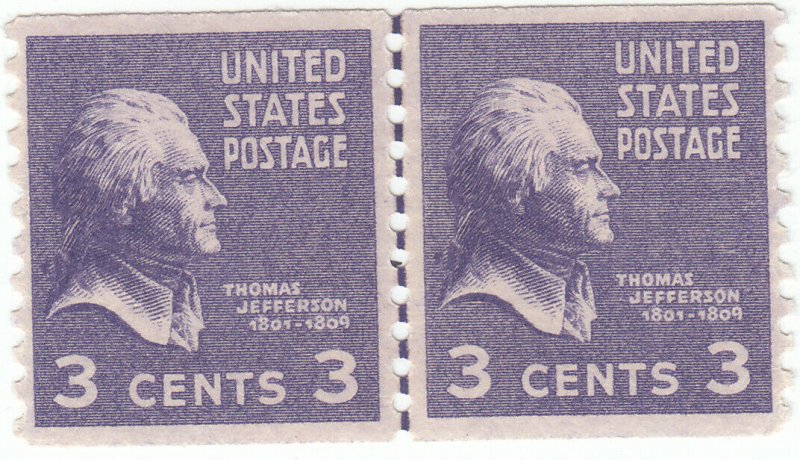 Scott # 842 - 3c Deep Violet - Jefferson - Line Pair - MNH