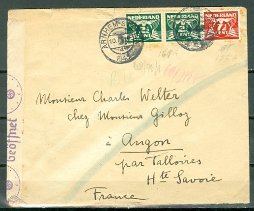 NETHERLANDS 1943 ARNHEM-FRANCE CENSORED COVER