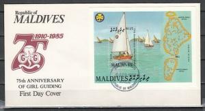 Maldives, Scott cat. 1245. Girl Scout Anniversary s/sheet. First day cover. ^