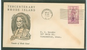 US 777 1936 3c Rhode Island Tercentenary (Roger Williams) on an addressed (typed) FDC with a Linprint cachet