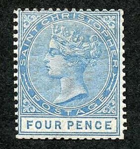 St Christopher SG17 4d Blue wmk CA MINT (hinge remainder) Cat 650 pounds