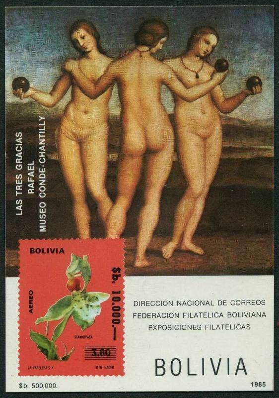 Bolivia 704a note,MNH.Mi Bl.148. Flower Stanhopaea.The Three Grace,sby Raphael.