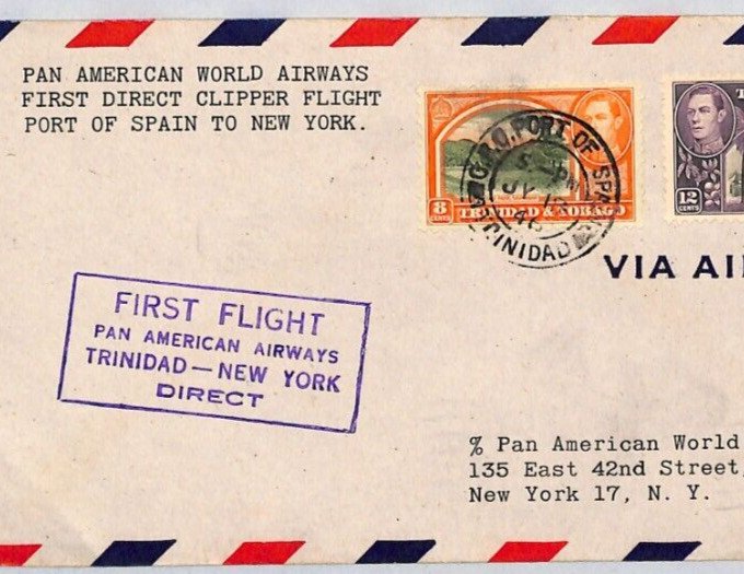 TRINIDAD & TOBAGO Air Mail *PAN-AM CLIPPER* FIRST FLIGHT New York 1946 USA ZC134