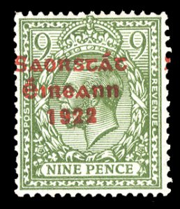 Ireland #53var (Macdonnel and White T56a) Cat£450, 1922 9p olive green, PQ...