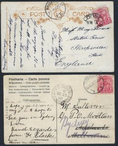 AUSTRALIA NSW 1906 TWO POST CARDS Sc 112 TIED OVAL LOOSE SHIP LETTER TO ENGLAND