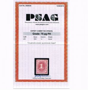 GENUINE SCOTT #J22 F-VF MINT OG H PSAG CERT 1891 CLARET 1¢ POSTAGE DUE  #14155