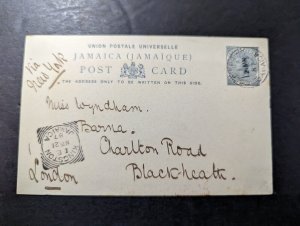 1887 Jamaica Postcard Cover Kingston to Charlton Road Blackheath London England