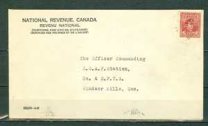 CANADA 1943 AIR FLYING SCHOOL OHMS PERFIN. #O254 on COVER to WINSOR MILLS QUE.