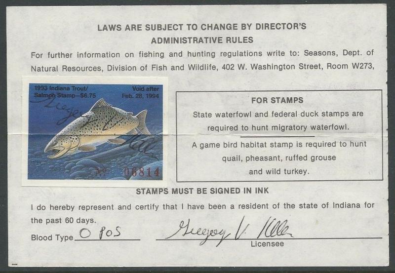 USA 1993 INDIANA Resident Hunting and Fishing License. Trout Revenue