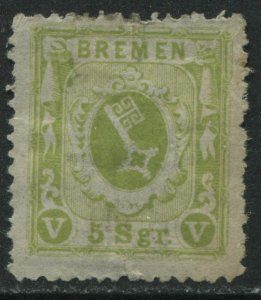 Bremen 1867 5 sgr yellow green unused no gum, minor thin