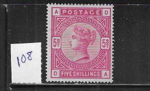 GREAT BRITAIN SCOTT #108 (SG #180) 1884 5/ (CARMINE ROSE-WHITE PAPER)WMK 31 MLH