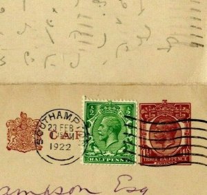 GB Hants Stationery KGV 1½d Letter Card Southampton 1922 SHORTHAND Notes PE66 